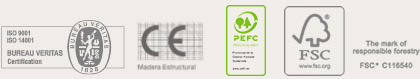 Certificaciones: ISO 9001, ISO 14001, marcado CE, PEFC y FSC